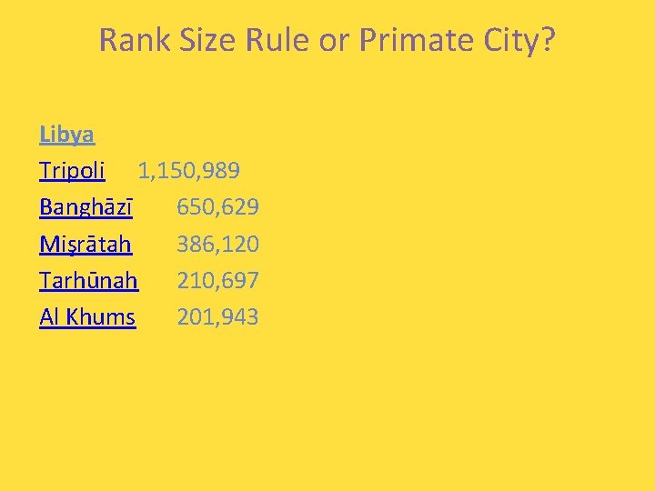 Rank Size Rule or Primate City? Libya Tripoli 1, 150, 989 Banghāzī 650, 629