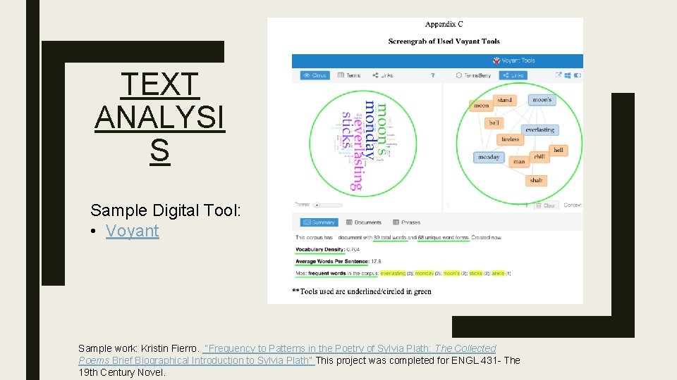 TEXT ANALYSI S Sample Digital Tool: • Voyant Sample work: Kristin Fierro. “Frequency to