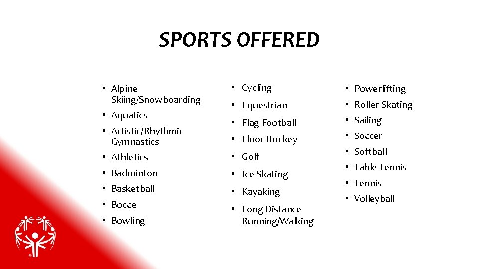 SPORTS OFFERED • Alpine Skiing/Snowboarding • Aquatics • Artistic/Rhythmic Gymnastics • Cycling • Powerlifting