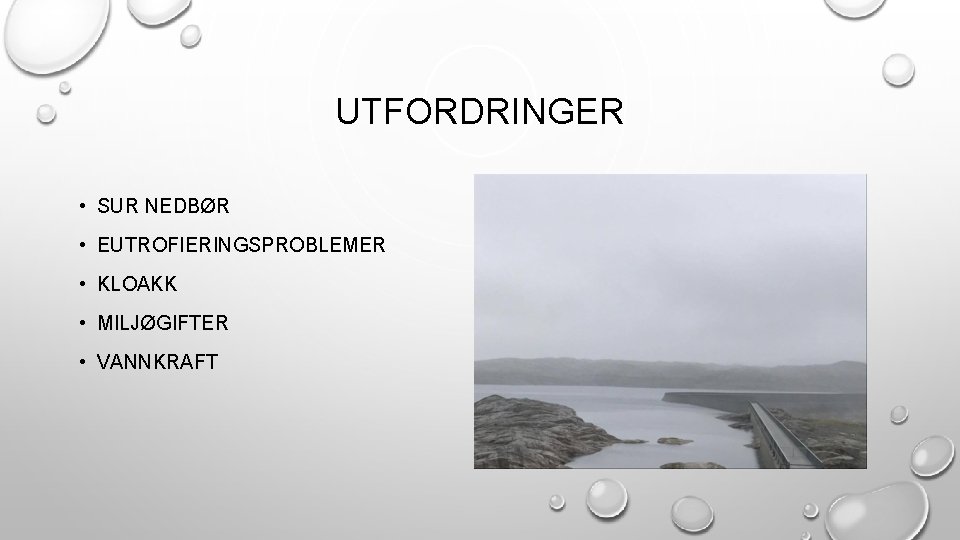 UTFORDRINGER • SUR NEDBØR • EUTROFIERINGSPROBLEMER • KLOAKK • MILJØGIFTER • VANNKRAFT 