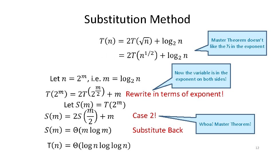 Substitution Method Master Theorem doesn’t like the ½ in the exponent Now the variable