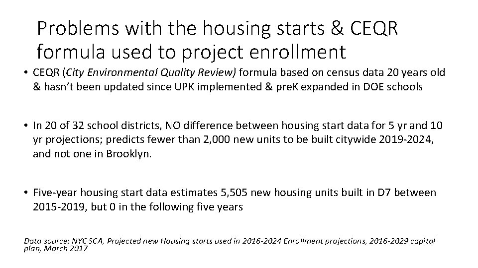 Problems with the housing starts & CEQR formula used to project enrollment • CEQR