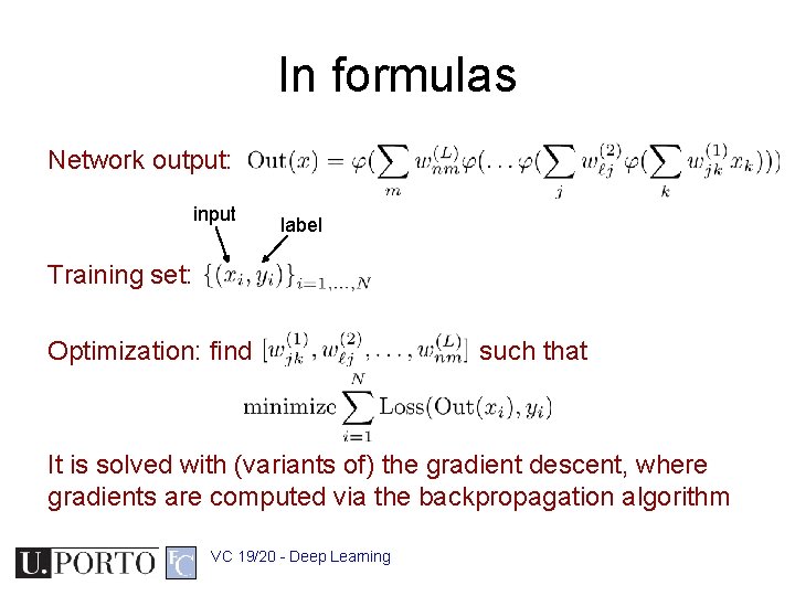 In formulas Network output: input label Training set: Optimization: find such that It is