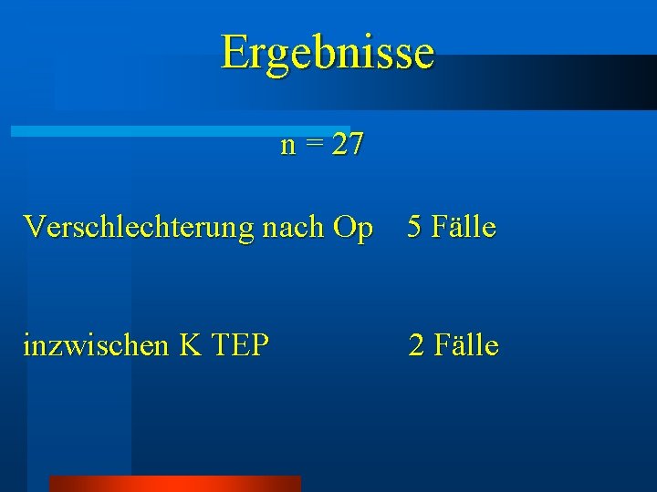 Ergebnisse n = 27 Verschlechterung nach Op 5 Fälle inzwischen K TEP 2 Fälle Ergebnisse n = 27 Verschlechterung nach Op 5 Fälle inzwischen K TEP 2 Fälle