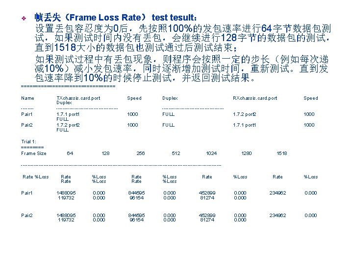 v 帧丢失（Frame Loss Rate） test tesult： 设置丢包容忍度为 0后，先按照 100%的发包速率进行64字节数据包测 试，如果测试时间内没有丢包，会继续进行128字节的数据包的测试， 直到 1518大小的数据包也测试通过后测试结束； 如果测试过程中有丢包现象，则程序会按照一定的步长（例如每次递 减