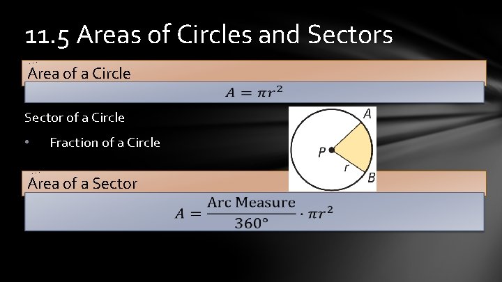 11. 5 Areas of Circles and Sectors Area of a Circle Sector of a