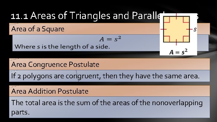 11. 1 Areas of Triangles and Parallelograms Area of a Square Area Congruence Postulate