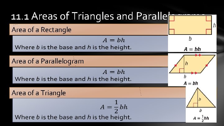 11. 1 Areas of Triangles and Parallelograms Area of a Rectangle Area of a