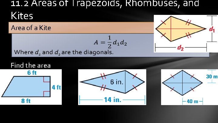 11. 2 Areas of Trapezoids, Rhombuses, and Kites Area of a Kite Find the