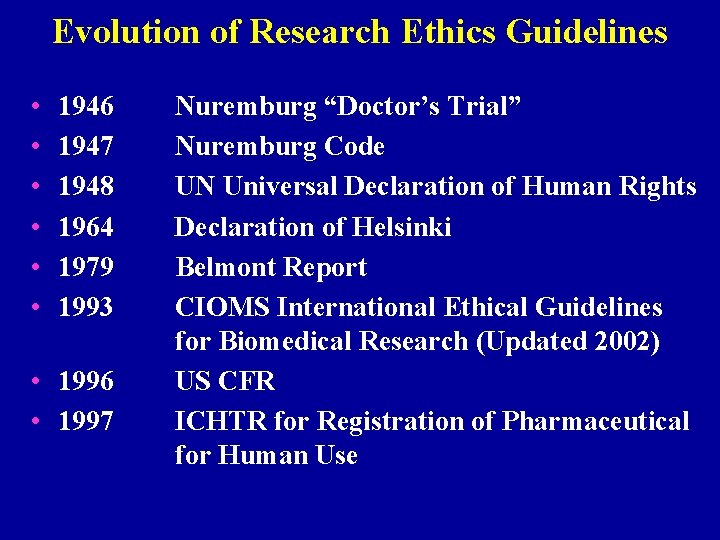 Evolution of Research Ethics Guidelines • • • 1946 1947 1948 1964 1979 1993