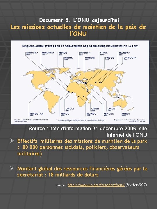 Document 3. L’ONU aujourd’hui Les missions actuelles de maintien de la paix de l’ONU