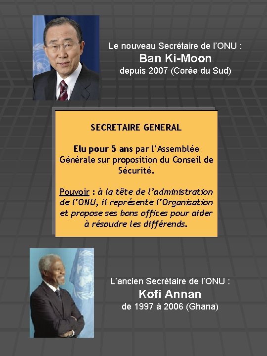 Le nouveau Secrétaire de l’ONU : Ban Ki-Moon depuis 2007 (Corée du Sud) SECRETAIRE