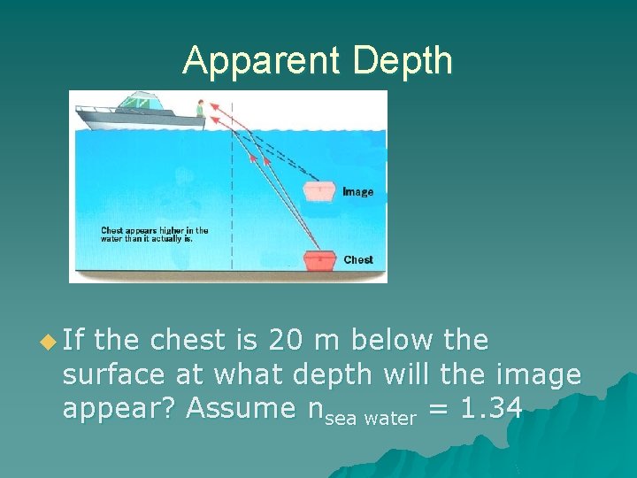 Apparent Depth u If the chest is 20 m below the surface at what