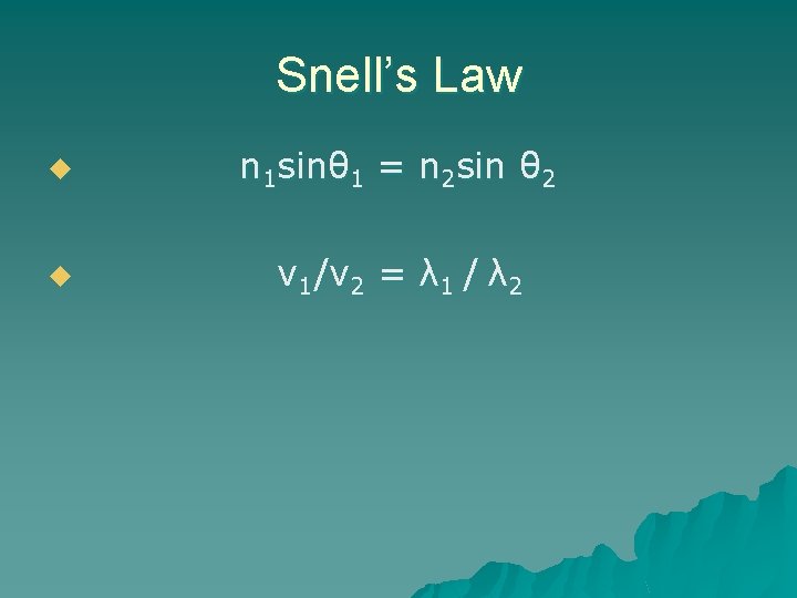 Snell’s Law u n 1 sinθ 1 = n 2 sin θ 2 u