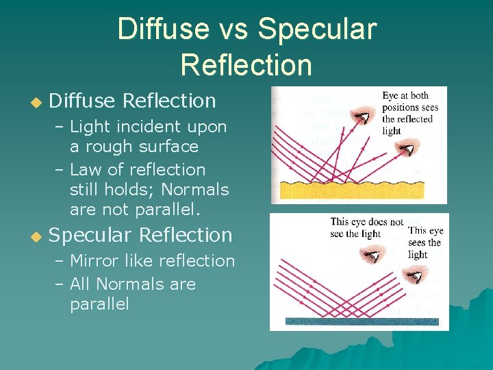 Diffuse vs Specular Reflection u Diffuse Reflection – Light incident upon a rough surface