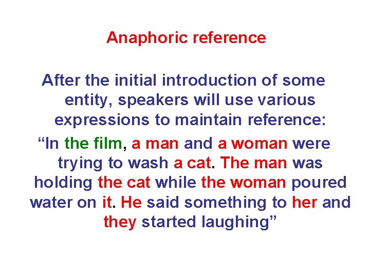 Anaphoric reference After the initial introduction of some entity, speakers will use various expressions