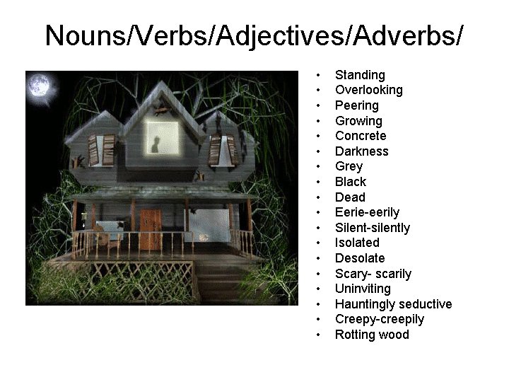 Nouns/Verbs/Adjectives/Adverbs/ • • • • • Standing Overlooking Peering Growing Concrete Darkness Grey Black