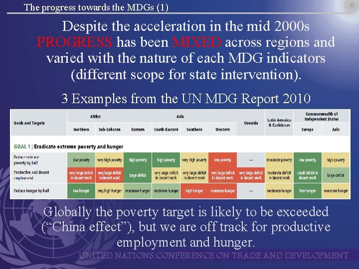 The progress towards the MDGs (1) Despite the acceleration in the mid 2000 s