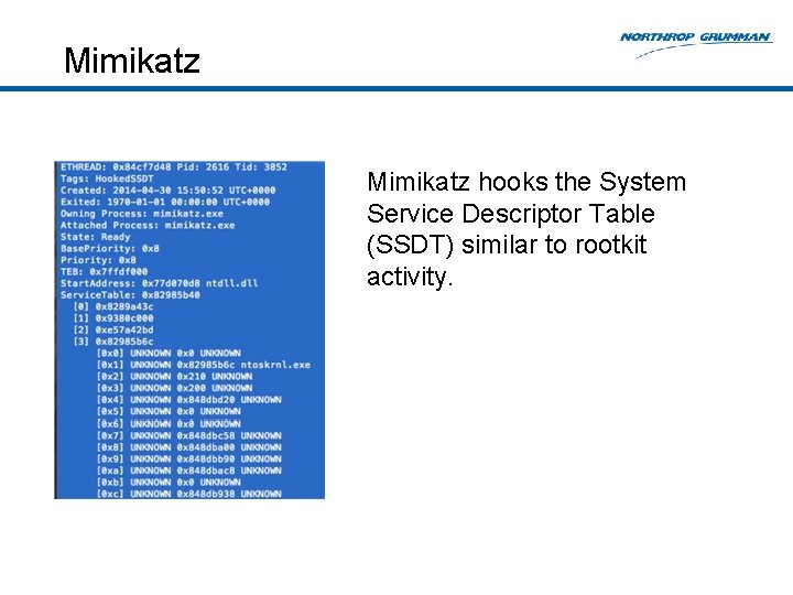 Mimikatz hooks the System Service Descriptor Table (SSDT) similar to rootkit activity. 