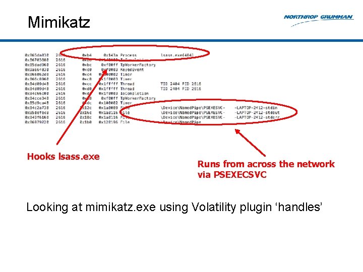 Mimikatz Hooks lsass. exe Runs from across the network via PSEXECSVC Looking at mimikatz.