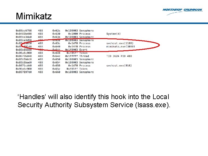 Mimikatz ‘Handles’ will also identify this hook into the Local Security Authority Subsystem Service