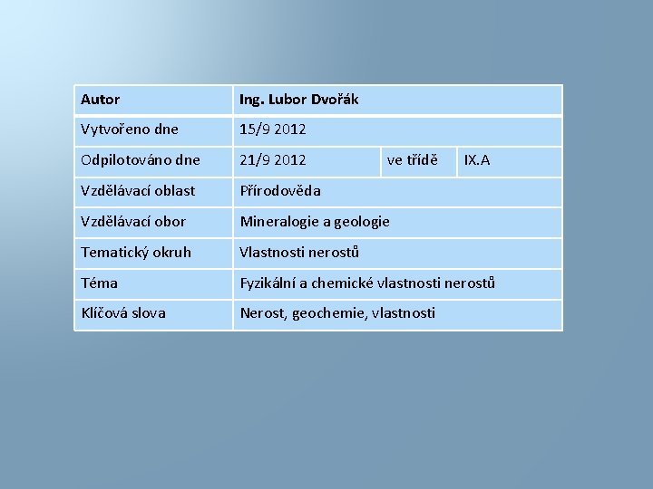 Autor Ing. Lubor Dvořák Vytvořeno dne 15/9 2012 Odpilotováno dne 21/9 2012 Vzdělávací oblast