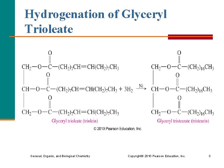 Hydrogenation of Glyceryl Trioleate General, Organic, and Biological Chemistry Copyright © 2010 Pearson Education,