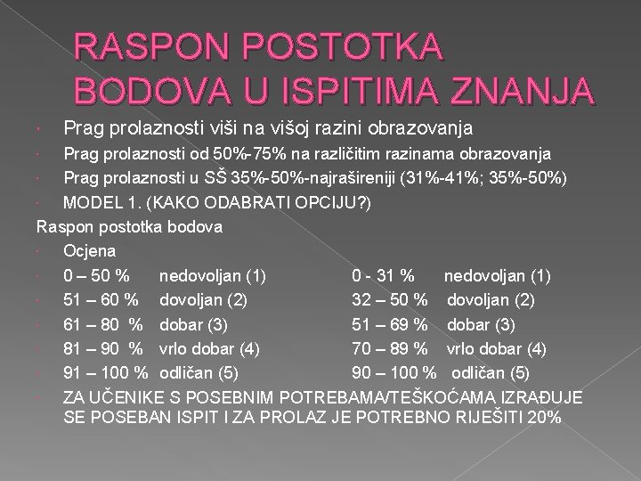 RASPON POSTOTKA BODOVA U ISPITIMA ZNANJA Prag prolaznosti viši na višoj razini obrazovanja Prag