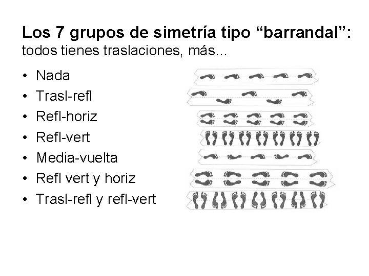 Los 7 grupos de simetría tipo “barrandal”: todos tienes traslaciones, más… • • Nada