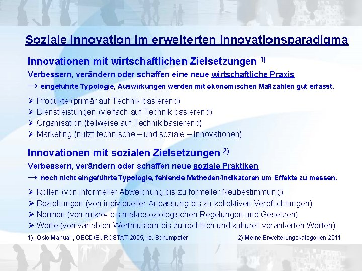 Soziale Innovation im erweiterten Innovationsparadigma Innovationen mit wirtschaftlichen Zielsetzungen 1) Verbessern, verändern oder schaffen