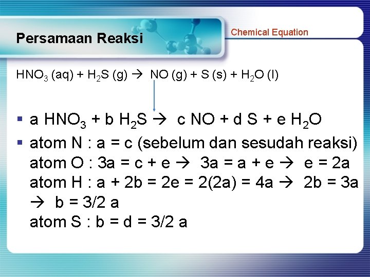 Persamaan Reaksi Chemical Equation HNO 3 (aq) + H 2 S (g) NO (g)