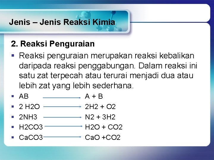 Jenis – Jenis Reaksi Kimia 2. Reaksi Penguraian § Reaksi penguraian merupakan reaksi kebalikan