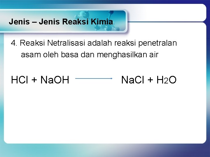 Jenis – Jenis Reaksi Kimia 4. Reaksi Netralisasi adalah reaksi penetralan asam oleh basa