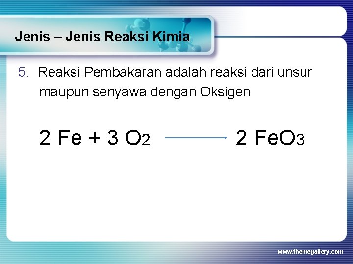 Jenis – Jenis Reaksi Kimia 5. Reaksi Pembakaran adalah reaksi dari unsur maupun senyawa