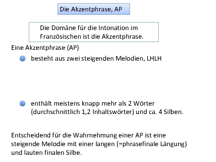 Die Akzentphrase, AP Die Domäne für die Intonation im Französischen ist die Akzentphrase. Eine