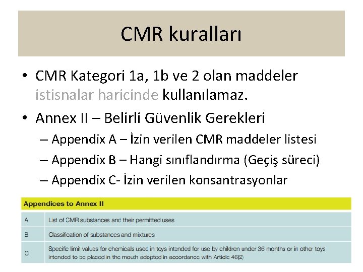 CMR kuralları • CMR Kategori 1 a, 1 b ve 2 olan maddeler istisnalar