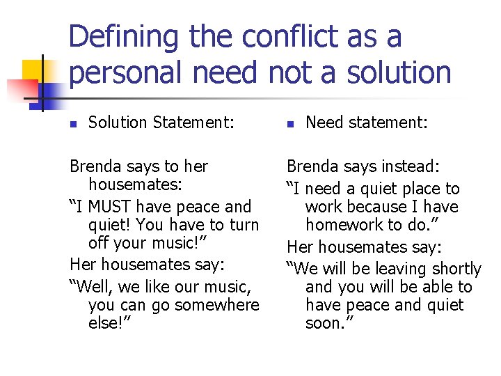 Defining the conflict as a personal need not a solution n Solution Statement: Brenda