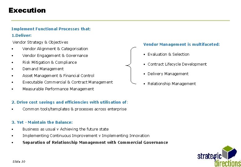 Execution Implement Functional Processes that: 1. Deliver: Vendor Strategy & Objectives Vendor Management is