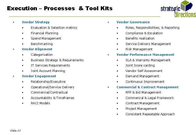 Execution – Processes & Tool Kits • • • Slide 11 Vendor Strategy •
