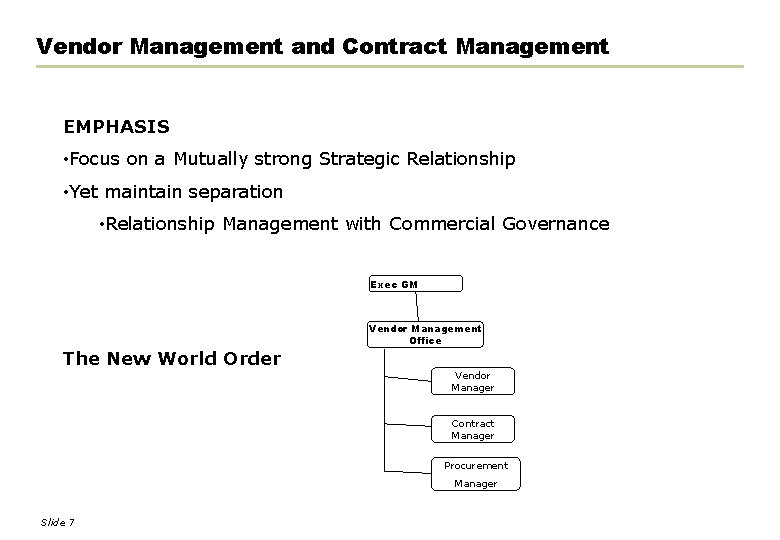 Vendor Management and Contract Management EMPHASIS • Focus on a Mutually strong Strategic Relationship