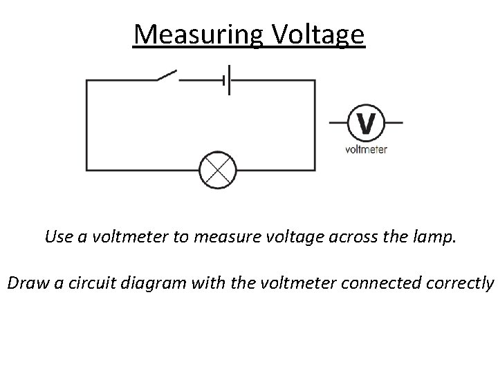 Measuring Voltage Use a voltmeter to measure voltage across the lamp. Draw a circuit