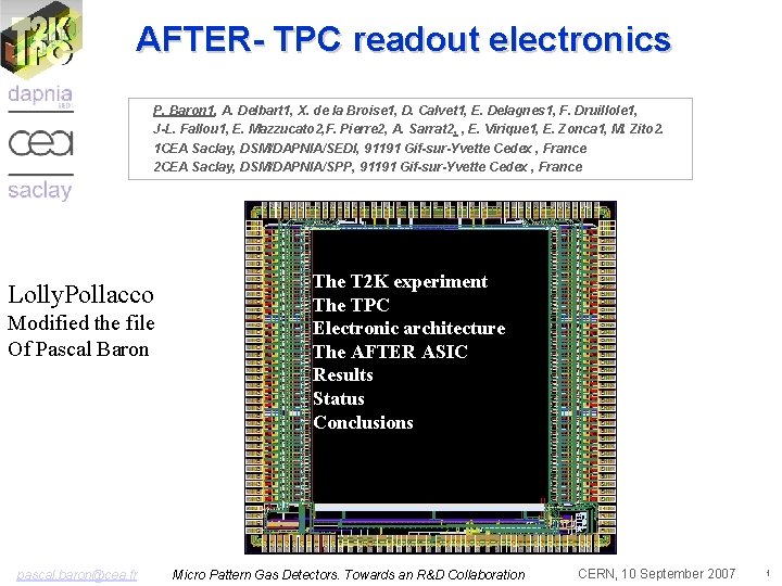 AFTER- TPC readout electronics P. Baron 1, A. Delbart 1, X. de la Broise