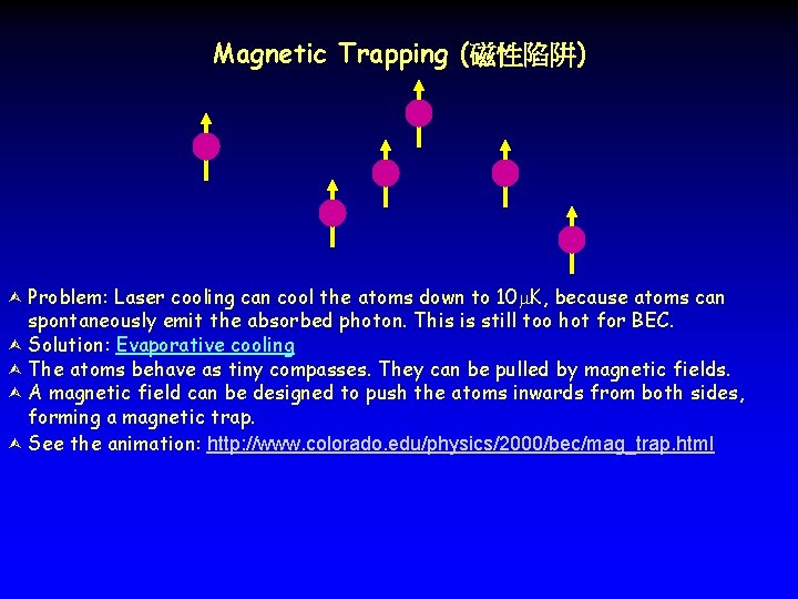 Magnetic Trapping (磁性陷阱) Problem: Laser cooling can cool the atoms down to 10 K,