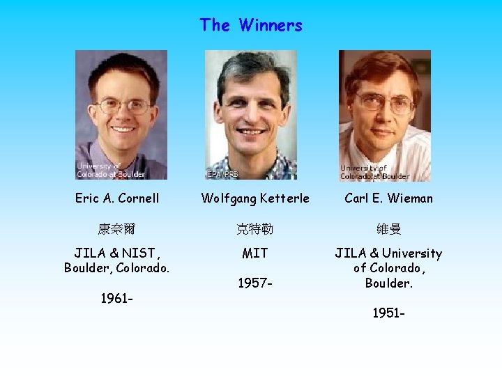 The Winners Eric A. Cornell Wolfgang Ketterle Carl E. Wieman 康奈爾 克特勒 維曼 JILA