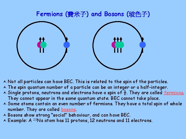 Fermions (費米子) and Bosons (玻色子) Not all particles can have BEC. This is related