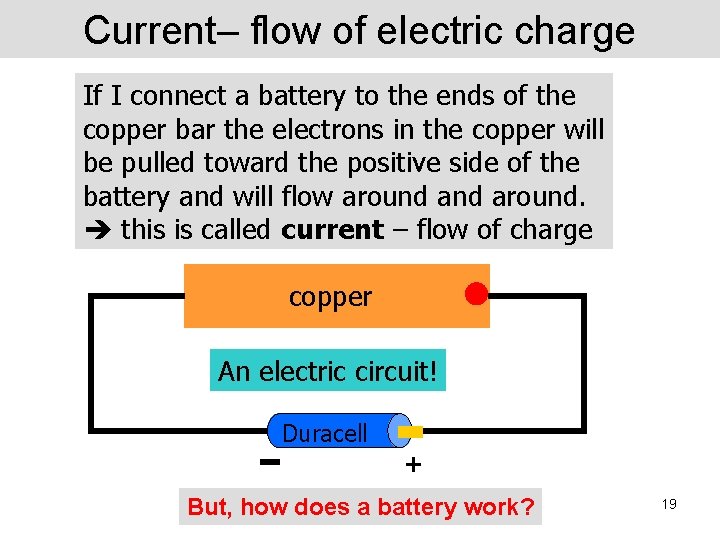 Current– flow of electric charge If I connect a battery to the ends of