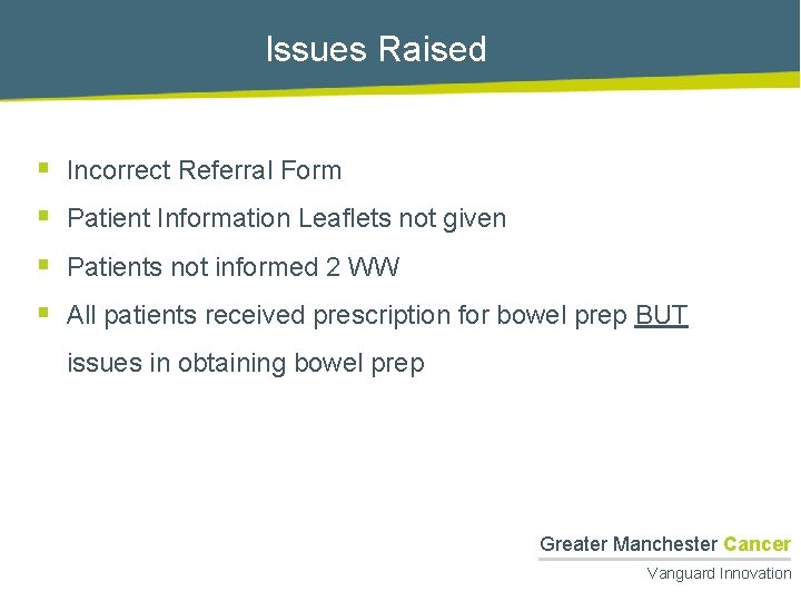 Issues Raised § § Incorrect Referral Form Patient Information Leaflets not given Patients not