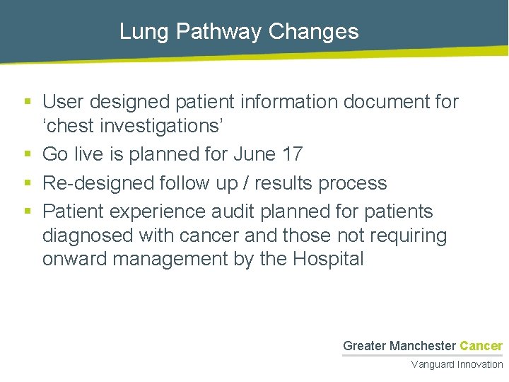 Lung Pathway Changes § User designed patient information document for ‘chest investigations’ § Go