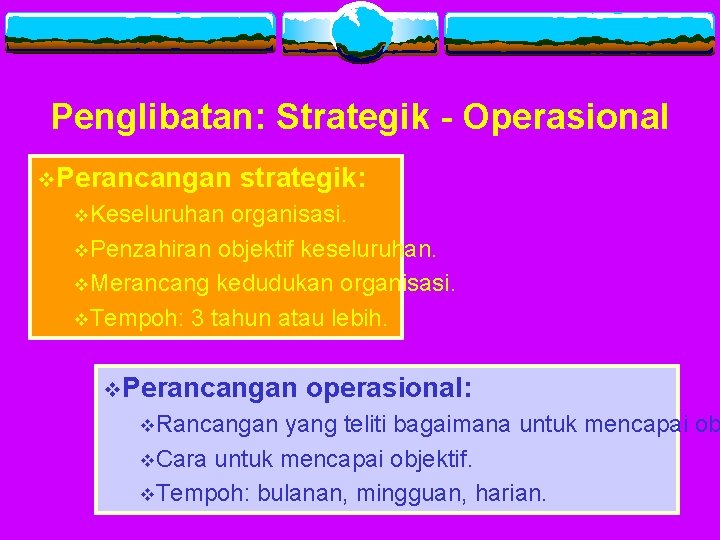 Penglibatan: Strategik - Operasional v. Perancangan strategik: v. Keseluruhan organisasi. v. Penzahiran objektif keseluruhan.