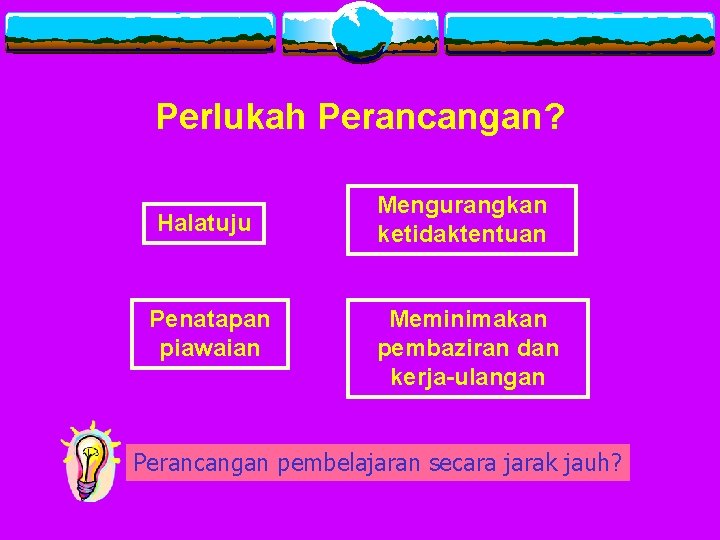 Perlukah Perancangan? Halatuju Penatapan piawaian Mengurangkan ketidaktentuan Meminimakan pembaziran dan kerja-ulangan Perancangan pembelajaran secara